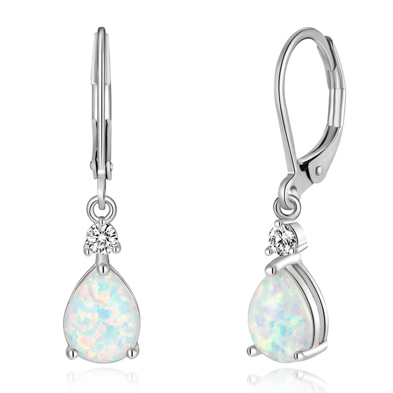CiNily Womens Opal Dangle Earrings Leverback Drop Earrings 14K White Gold Plated Teardrop Gemstone Earrings - Image 1